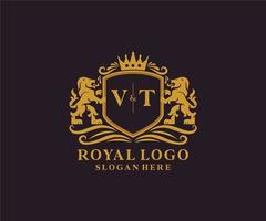 plantilla de logotipo de lujo real de león de letra vt inicial en arte vectorial para restaurante, realeza, boutique, cafetería, hotel, heráldica, joyería, moda y otras ilustraciones vectoriales. vector