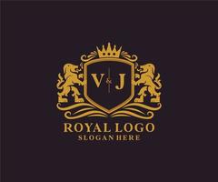 Initial VJ Letter Lion Royal Luxury Logo template in vector art for Restaurant, Royalty, Boutique, Cafe, Hotel, Heraldic, Jewelry, Fashion and other vector illustration.