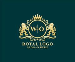 Initial WO Letter Lion Royal Luxury Logo template in vector art for Restaurant, Royalty, Boutique, Cafe, Hotel, Heraldic, Jewelry, Fashion and other vector illustration.