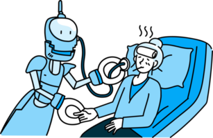 artificiale inteligence illustrazione, robot ai e persone attività grafico blu tono colore moderno cartone animato stile. png