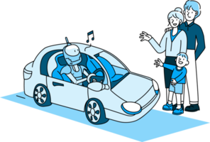 Artificial inteligence illustration, robot A.I. and people activities graphic blue tone color modern cartoon style. png