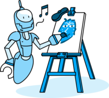 Artificial inteligence illustration, robot A.I. and people activities graphic blue tone color modern cartoon style. png