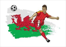 Wales soccer player with flag as a background vector