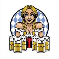 Oktoberfest girl with bunch a glass of beers vector
