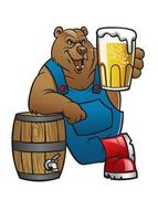 Bear cartoon lean on the barrel and presenting the beer vector