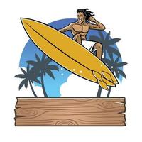 man surfing at the beach with wood plank sign vector