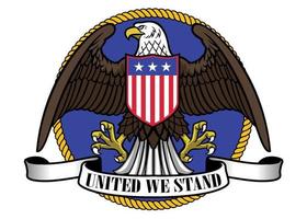 American eagle wearing flag shield and ribbon sign below vector