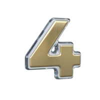 Number 4 3D rendering with gold and glass materials png