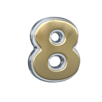 Number 8 3D rendering with gold and glass materials png