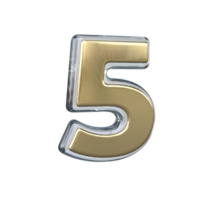 Number 5 3D rendering with gold and glass materials png