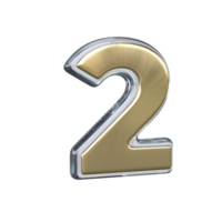 Number 2 3D rendering with gold and glass materials png
