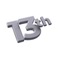Number 13th 3D rendering with Silver color png