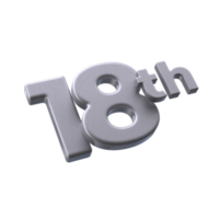 Number 18th 3D rendering with Silver color png