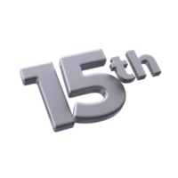 Number 15th 3D rendering with Silver color png