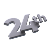 Number 24th 3D rendering with Silver color png