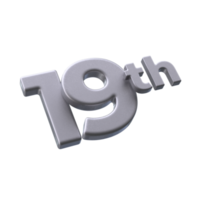 Number 19th 3D rendering with Silver color png