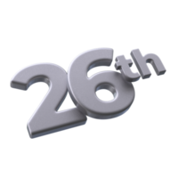 Number 26th 3D rendering with Silver color png