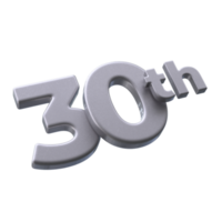 Number 30th 3D rendering with Silver color png