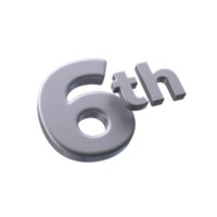 Number 6th 3D rendering with Silver color png