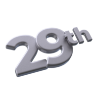 Number 29th 3D rendering with Silver color png