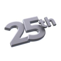 Number 25th 3D rendering with Silver color png