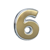 Number 6 3D rendering with gold and glass materials png