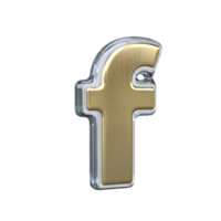 Letter f 3D rendering with Gold and Glass materials png