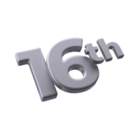 Number 16th 3D rendering with Silver color png