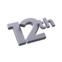 Number 12th 3D rendering with Silver color png