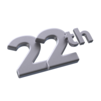 Number 22th 3D rendering with Silver color png