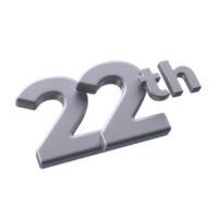 Number 22th 3D rendering with Silver color png