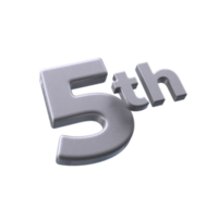 Number 5th 3D rendering with Silver color png