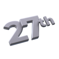 Number 27th 3D rendering with Silver color png