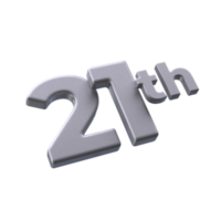 Number 21th 3D rendering with Silver color png