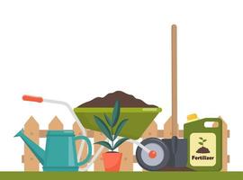 Summer gardening composition with wheelbarrow, pot, fence, shovel, watering can and fertilizer. Vector illustration.