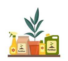 Potted plant and packing with soil. Potting soil, various fertilizers in bottles and spray gun. Vector illustration in flat style.