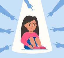 Sad or depressed girl kid surrounded by hands with index fingers pointing at her. Social bullying concept. Public trolling, shaming. Vector illustration.