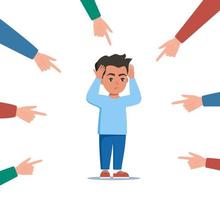 Sad or depressed boy kid surrounded by hands with index fingers pointing at him. Social bullying concept. Public trolling, shaming. Vector illustration.