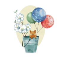 espiègle chiot dans une seau aquarelle illustration de une chien avec fleurs et des ballons png