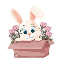 Cartoon rabbit in a box with flowers on a transparent background. Template for banner, greeting card, social networks. vector