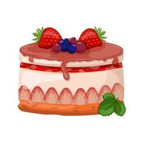 Cheesecake with strawberries, decorated with berries. A piece of dessert cake. Cake on a colorless background. Vector illustration of realistic baking.