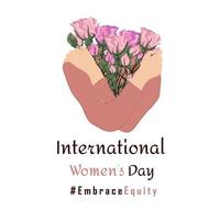 internacional mujer s día 8 marzo. romper el sesgo horizontal póster con cruzado brazos de un mujer abrazando un ramo de flores de rosas. vector ilustración en plano estilo para bandera, social medios de comunicación