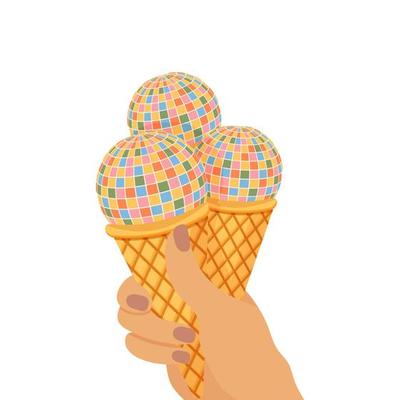Disco ball in the shape of ice cream in retro hippie style of the 70s on a transparent background.
