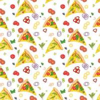 Seamless background with pizza slices and ingredients. The background is colorless. vector