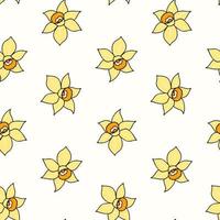 Seamless pattern of hand drawn doodle daffodils on isolated background. Design for mothers day, Easter, springtime and summertime celebration, scrapbooking, textile, home decor, paper craft. vector