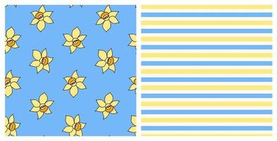 Set of seamless patterns with hand drawn daffodils and stripes, on isolated background. Design for mothers day, Easter, springtime and summertime celebration, scrapbooking, home decor, paper crafts. vector