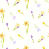 Seamless pattern of hand drawn simple crocuses and daffodils on isolated background. Spring design for mothers day, Easter, springtime and summertime celebration, scrapbooking, home decor. vector