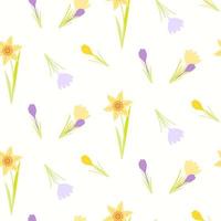 Seamless pattern of hand drawn simple crocuses and daffodils on isolated background. Spring design for mothers day, Easter, springtime and summertime celebration, scrapbooking, home decor. vector