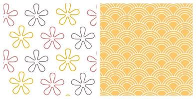 Set of seamless patterns with hand drawn doodle flowers and Japanese wave pattern on isolated background. Design for mothers day, Easter, springtime and summertime celebration, scrapbooking. vector