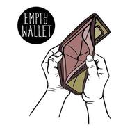 hand with an empty wallet. fight poverty and lack of money. An open brown wallet with no money. Vector design